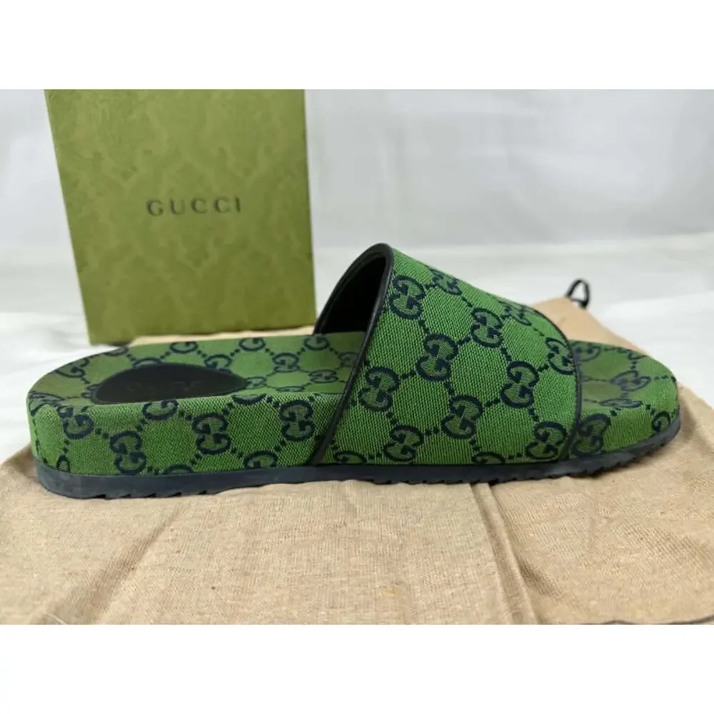 Gucci GG Monogram Sandals 665660 Green Canvas Mens US 9.5 SPB-TS 340692